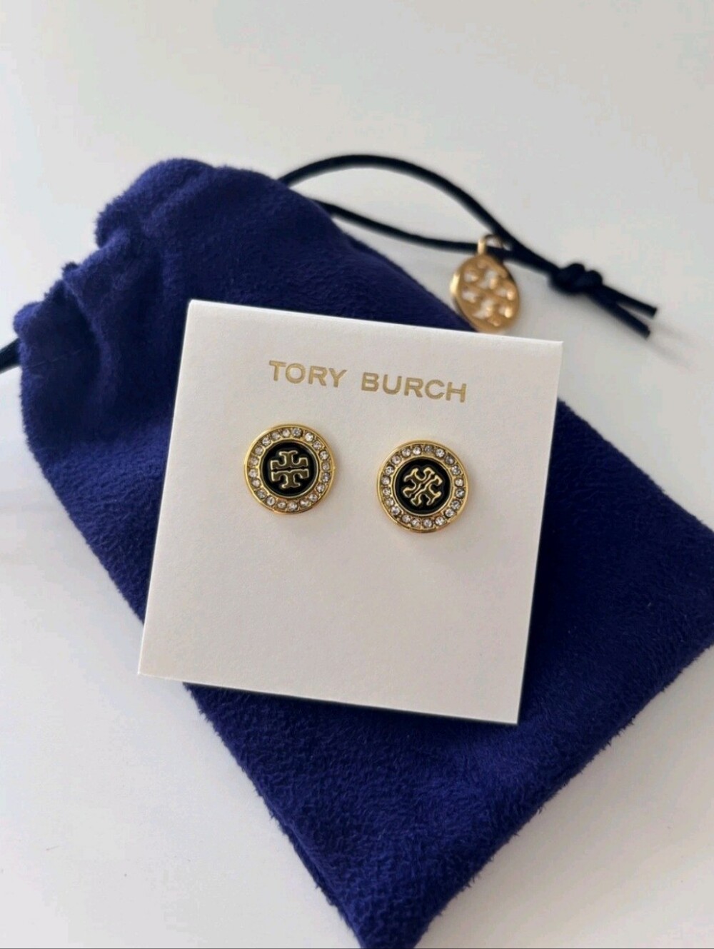 Tory Burch Gold and Black Logo Crystal-Trim Round Cuff Links